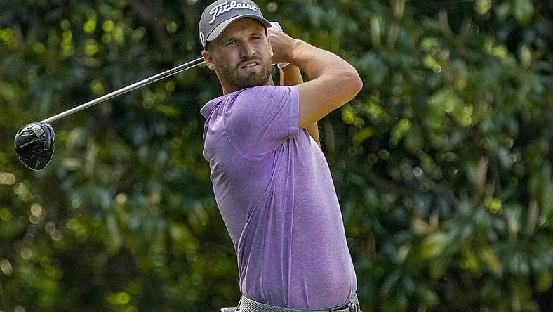 May 6, 2023; Charlotte, North Carolina, USA; Wyndham Clark hits his tee shot on 16 during the third round of the Wells Fargo Championship golf tournament. Mandatory Credit: Jim Dedmon-USA TODAY Sports