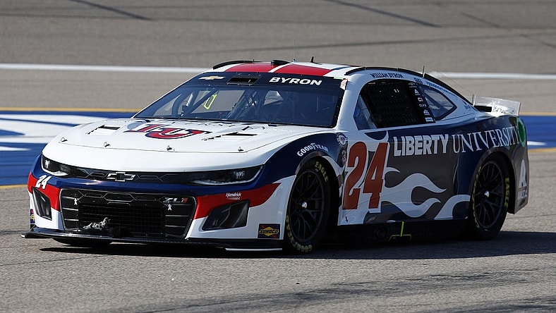 May 6, 2023; Kansas City, Kansas, USA; NASCAR Cup Series driver William Byron (24) during Cup Practice and Qualifying at Kansas Speedway. Mandatory Credit: Mike Dinovo-USA TODAY Sports