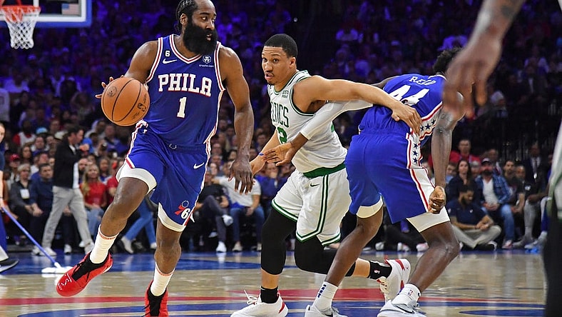 May 7, 2023; Philadelphia, Pennsylvania, USA; Philadelphia 76ers guard James Harden (1) drives past Boston Celtics guard Malcolm Brogdon (13) during the second quarter of game four of the 2023 NBA playoffs at Wells Fargo Center. Mandatory Credit: Eric Hartline-USA TODAY Sports