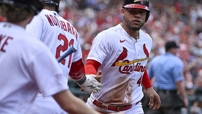 May 7, 2023; St. Louis, Missouri, USA; St. Louis Cardinals designated hitter Willson Contreras (40) is congratulated by right fielder Lars Nootbaar (21) after scoring against the Detroit Tigers during the second inning at Busch Stadium. Mandatory Credit: Jeff Curry-USA TODAY Sports