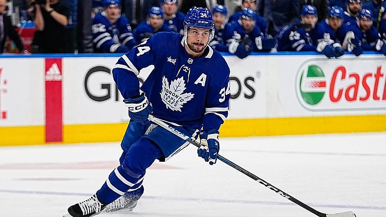 May 4, 2023; Toronto, Ontario, CANADA; Toronto Maple Leafs forward Auston Matthews (34) controls the puck against the Florida Panthers during game two of the second round of the 2023 Stanley Cup Playoffs at Scotiabank Arena. Mandatory Credit: John E. Sokolowski-USA TODAY Sports