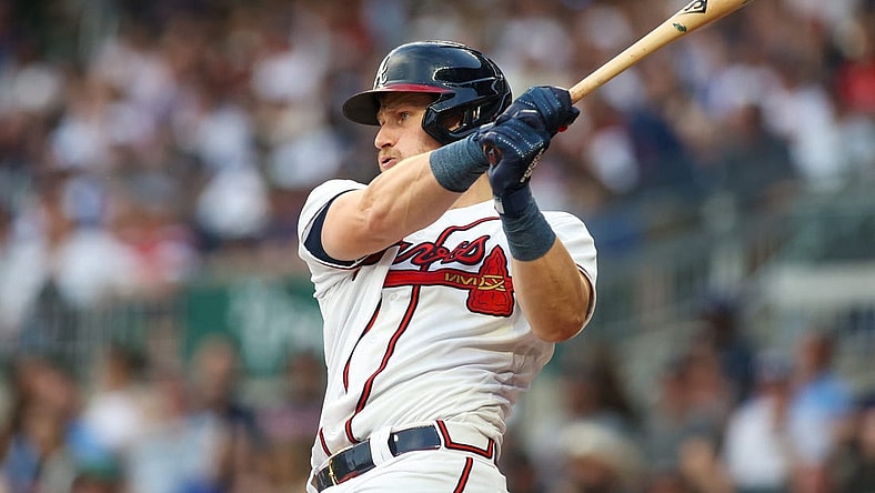 May 9, 2023; Atlanta, Georgia, USA; Atlanta Braves catcher Sean Murphy (12) hits a RBI single against the Boston Red Sox in the second inning at Truist Park. Mandatory Credit: Brett Davis-USA TODAY Sports