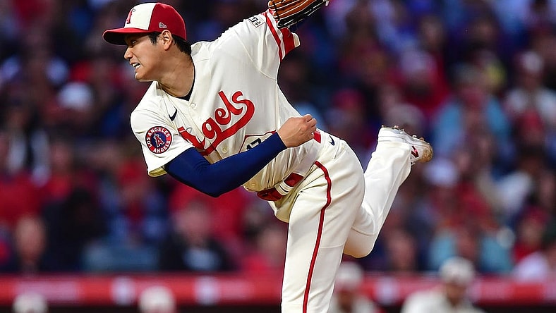 May 9, 2023; Anaheim, California, USA; Los Angeles Angels starting pitcher Shohei Ohtani (17) throws against the Houston Astros during the fourth inning at Angel Stadium. Mandatory Credit: Gary A. Vasquez-USA TODAY Sports