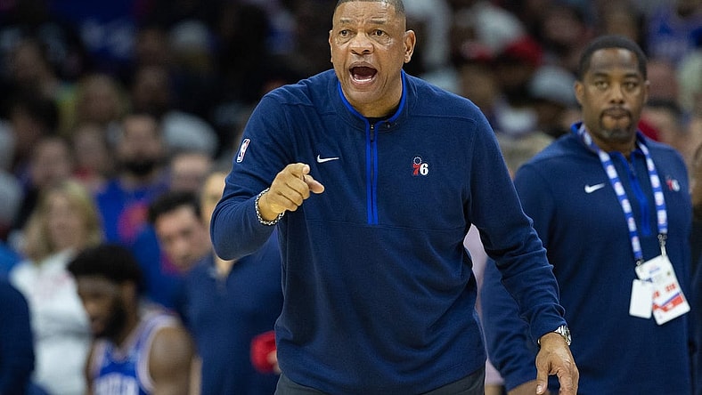 May 11, 2023; Philadelphia, Pennsylvania, USA; Philadelphia 76ers head coach Doc Rivers reacts during the fourth quarter against the Boston Celtics in game six of the 2023 NBA playoffs at Wells Fargo Center. Mandatory Credit: Bill Streicher-USA TODAY Sports