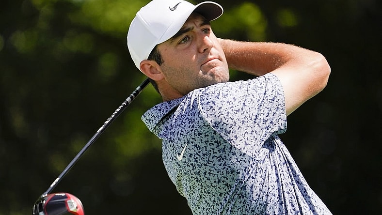 May 13, 2023; McKinney, Texas, USA; Scottie Scheffler plays his shot from the second tee during the third round of the AT&T Byron Nelson golf tournament. Mandatory Credit: Raymond Carlin III-USA TODAY Sports