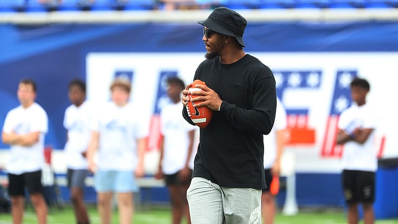 Former Memphis Tiger football star and current Dallas Cowboys running back Tony Pollard holds a football camp at Simmons Bank Liberty Stadium on May 13, 2023 in Memphis, Tenn.
