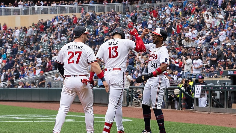 May 13, 2023; Minneapolis, Minnesota, USA; Minnesota Twins first baseman Joey Gallo (13) celebrates with catcher Ryan Jeffers (27) and left fielder Willi Castro (50) after hitting a three-run home run during the third inning against the Chicago Cubs at Target Field. Mandatory Credit: Jordan Johnson-USA TODAY Sports