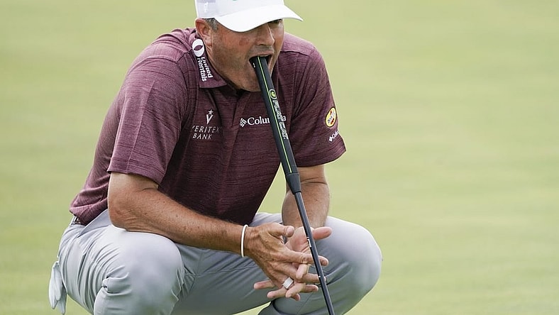 May 13, 2023; McKinney, Texas, USA; Ryan Palmer reacts after missing an eagle putt on the 18th green during the third round of the AT&T Byron Nelson golf tournament. Mandatory Credit: Raymond Carlin III-USA TODAY Sports