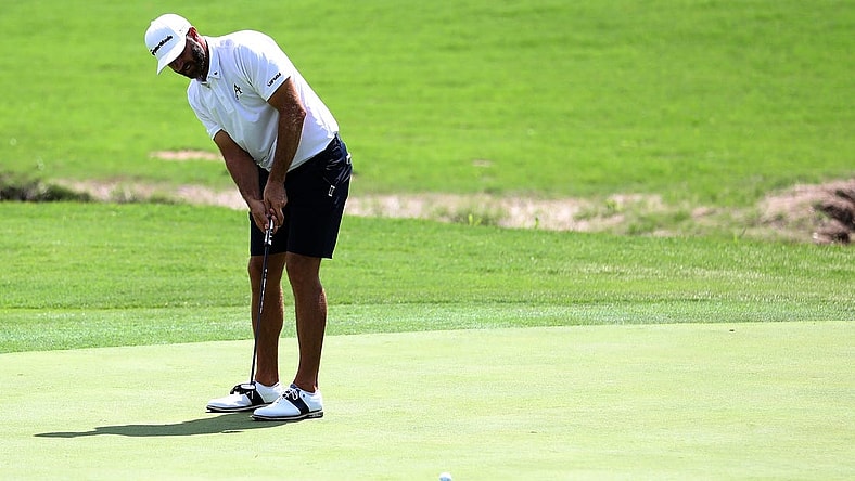 May 13, 2023; Tulsa, Oklahoma, USA; Dustin Johnson watches his putt during the second round of a LIV Golf event at Cedar Ridge Country Club. Mandatory Credit: Joey Johnson-USA TODAY Sports