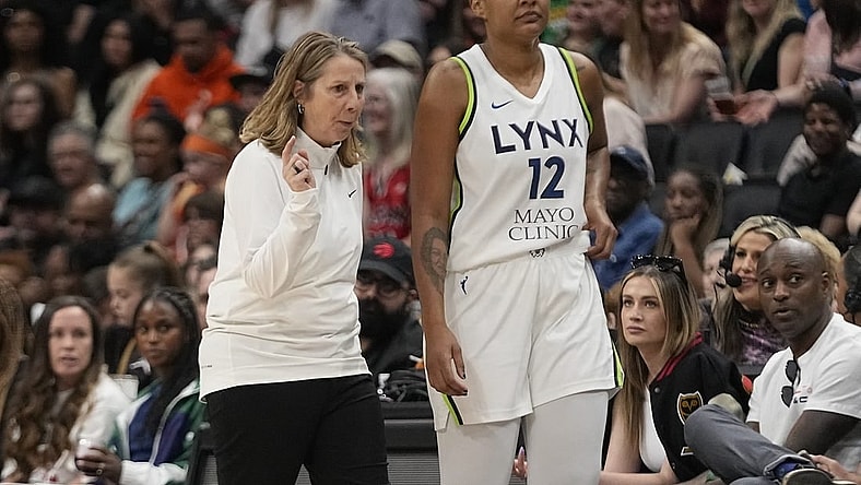 May 13, 2023; Toronto, Ontario, Canada; Minnesota Lynx head coach Cheryl Reeve talks to forward Damiris Dantas (12) during a timeout against the Chicago Sky during the first half at Scotiabank Arena. Mandatory Credit: John E. Sokolowski-USA TODAY Sports