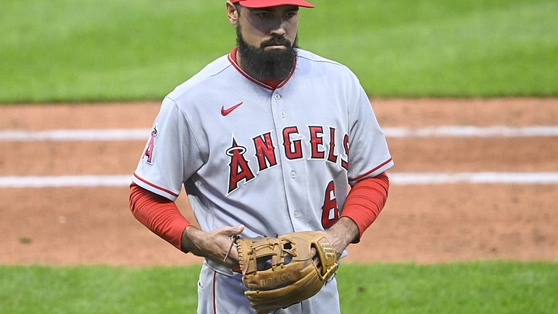 May 13, 2023; Cleveland, Ohio, USA; Los Angeles Angels third baseman Anthony Rendon (6) walks to the dugout in the sixth inning against the Cleveland Guardians at Progressive Field. Mandatory Credit: David Richard-USA TODAY Sports
