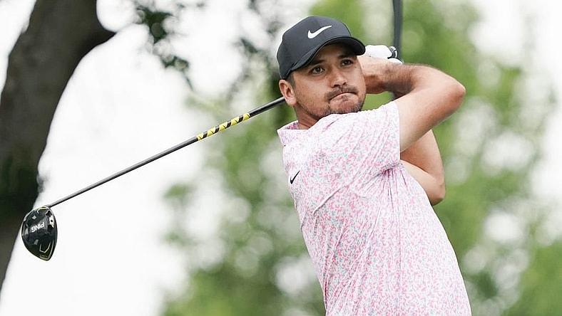 May 14, 2023; McKinney, Texas, USA; Jason Day plays his shot from the second tee during the final round of the AT&T Byron Nelson golf tournament. Mandatory Credit: Raymond Carlin III-USA TODAY Sports
