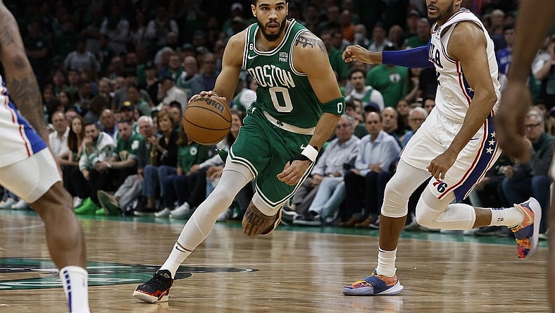 May 14, 2023; Boston, Massachusetts, USA; Boston Celtics forward Jayson Tatum (0) drives against the Philadelphia 76ers during the second quarter of game seven of the 2023 NBA playoffs at TD Garden. Mandatory Credit: Winslow Townson-USA TODAY Sports