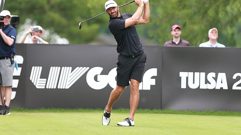 May 14, 2023; Tulsa, Oklahoma, USA; Dustin Johnson watches his tee shot during the final round of a LIV Golf event at Cedar Ridge Country Club. Mandatory Credit: Joey Johnson-USA TODAY Sports