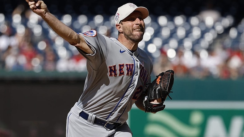 May 14, 2023; Washington, District of Columbia, USA; New York Mets starting pitcher Max Scherzer (21) pitches against the Washington Nationals during the first inning at Nationals Park. Mandatory Credit: Geoff Burke-USA TODAY Sports