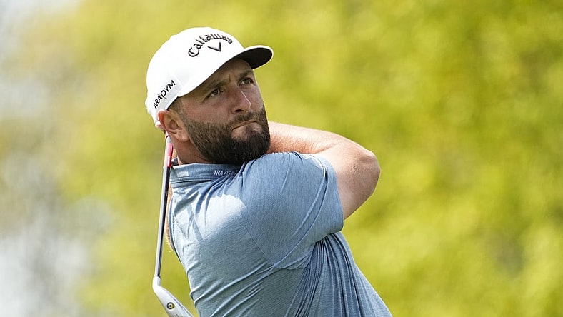 May 15, 2023; Rochester, New York, USA; Jon Rahm tees off on the 8th hole during a practice round of the PGA Championship golf tournament at Oak Hill Country Club. Mandatory Credit: Adam Cairns-USA TODAY Sports