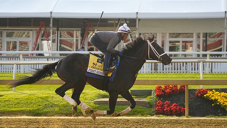 May 16, 2023; Baltimore, MD, USA; Preakness Stakes contender First Mission trains Tuesday morning at Pimlico Race Track. Mandatory Credit: Gregory Fisher-USA TODAY Sports