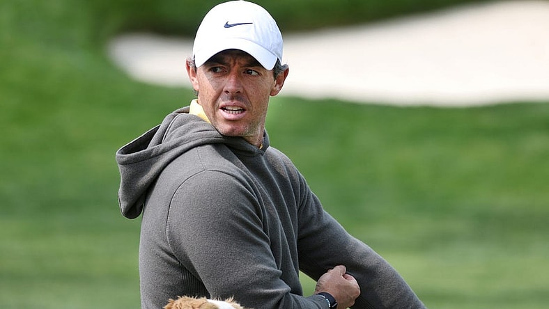 Rory McIlroy warms up in the practice range before a practice round at the PGA Championship.