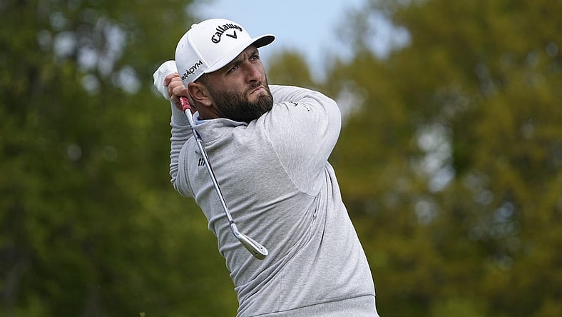 May 17, 2023; Rochester, New York, USA; Jon Rahm tees off on the 12th hole during a practice round of the PGA Championship golf tournament at Oak Hill Country Club. Mandatory Credit: Adam Cairns-USA TODAY Sports