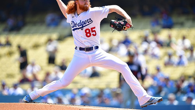 May 17, 2023; Los Angeles, California, USA; Los Angeles Dodgers starting pitcher Dustin May (85) throws against the Minnesota Twins during the first inning at Dodger Stadium. Mandatory Credit: Gary A. Vasquez-USA TODAY Sports