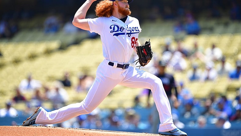 May 17, 2023; Los Angeles, California, USA; Los Angeles Dodgers starting pitcher Dustin May (85) throws against the Minnesota Twins during the first inning at Dodger Stadium. Mandatory Credit: Gary A. Vasquez-USA TODAY Sports