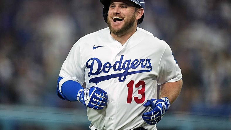 May 15, 2023; Los Angeles, California, USA; Los Angeles Dodgers third baseman Max Muncy (13) celebrates after hitting a home run in the fourth inning against the Minnesota Twins at Dodger Stadium. Mandatory Credit: Kirby Lee-USA TODAY Sports