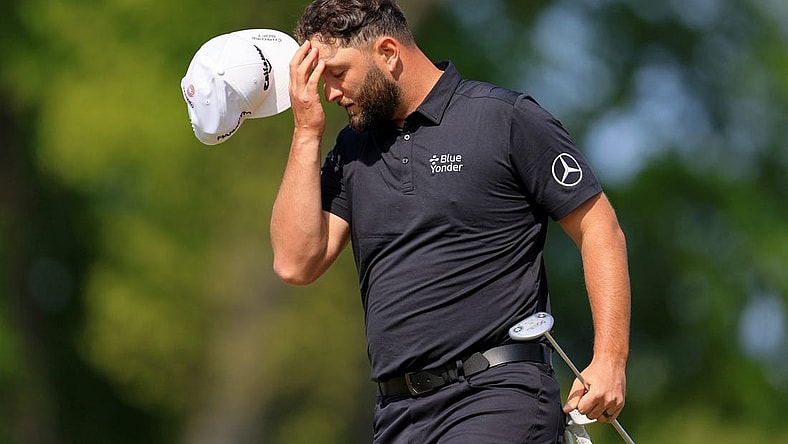 May 18, 2023; Rochester, New York, USA; Jon Rahm reacts after a putt on the ninth green during the first round of the PGA Championship golf tournament at Oak Hill Country Club. Mandatory Credit: Aaron Doster-USA TODAY Sports