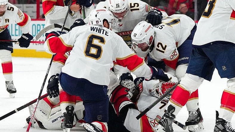 May 18, 2023; Raleigh, North Carolina, USA; Florida Panthers goaltender Sergei Bobrovsky (72) celebrates with his teammates after a game one in the Eastern Conference Finals of the 2023 Stanley Cup Playoffs against the Carolina Hurricanes at PNC Arena. Mandatory Credit: James Guillory-USA TODAY Sports