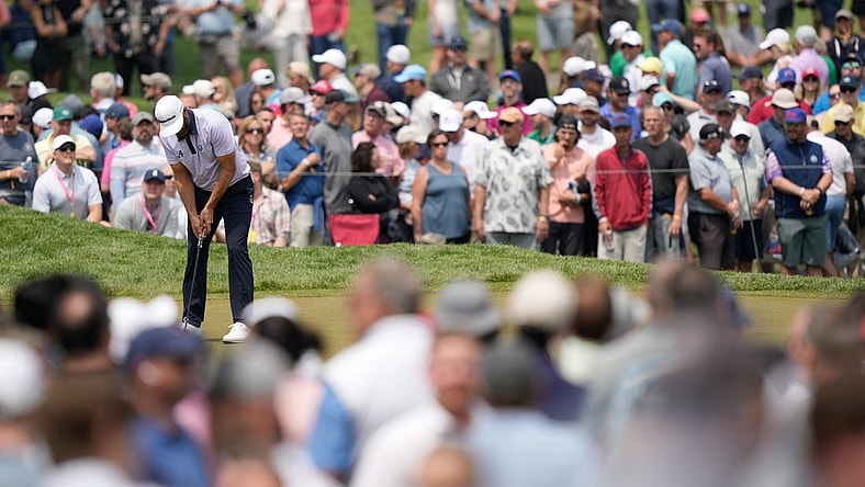 May 19, 2023; Rochester, New York, USA; Dustin Johnson putts on the sixth green during the second round of the PGA Championship golf tournament. Mandatory Credit: Adam Cairns-USA TODAY Sports