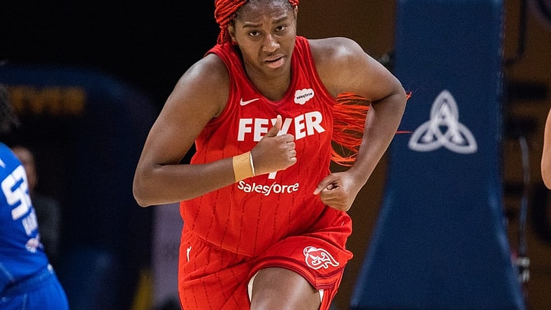May 19, 2023; Indianapolis, Indiana, USA; Indiana Fever forward Aliyah Boston (7)  in the first half against the Connecticut Sun at Gainbridge Fieldhouse. Mandatory Credit: Trevor Ruszkowski-USA TODAY Sports