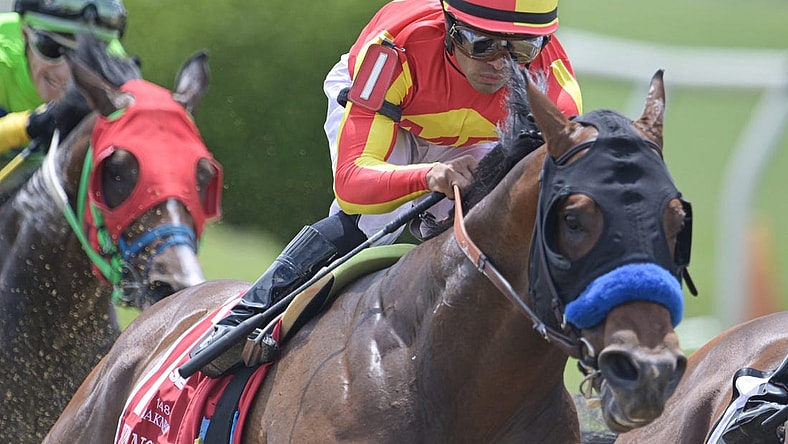 May 20, 2023; Baltimore, Maryland, USA;   Luis Saez aboard Havnameltdown (1) enters the third turn during the running of the 48th Running the Chick Lang Stakes (Grade III)  at Pimlico Race Course. Mandatory Credit: Tommy Gilligan-USA TODAY Sports