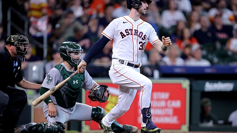 May 20, 2023; Houston, Texas, USA; Houston Astros right fielder Kyle Tucker (30) hits an RBI single against the Oakland Athletics during the first inning at Minute Maid Park. Mandatory Credit: Erik Williams-USA TODAY Sports