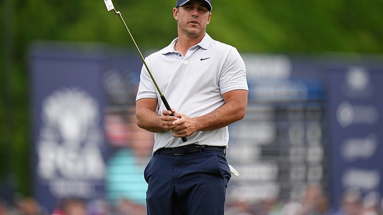 May 20, 2023; Rochester, New York, USA; Brooks Koepka reacts to a putt on the ninth green during the third round of the PGA Championship golf tournament. Mandatory Credit: Aaron Doster-USA TODAY Sports