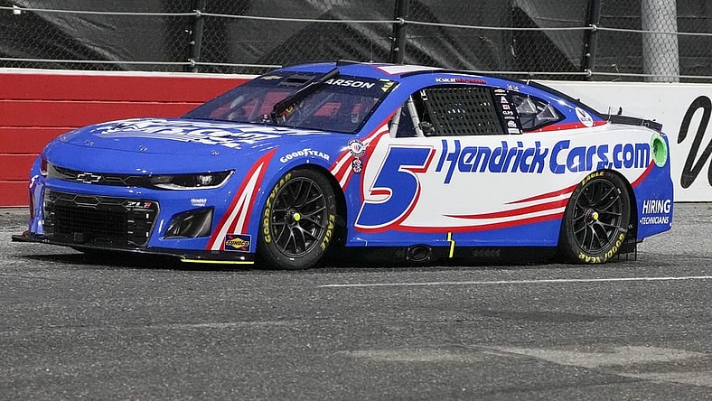 May 20, 2023; North Wilkesboro, North Carolina, USA;  NASCAR Cup Series driver Kyle Larson (5) during the second heat race at North Wilkesboro Speedway. Mandatory Credit: Jim Dedmon-USA TODAY Sports