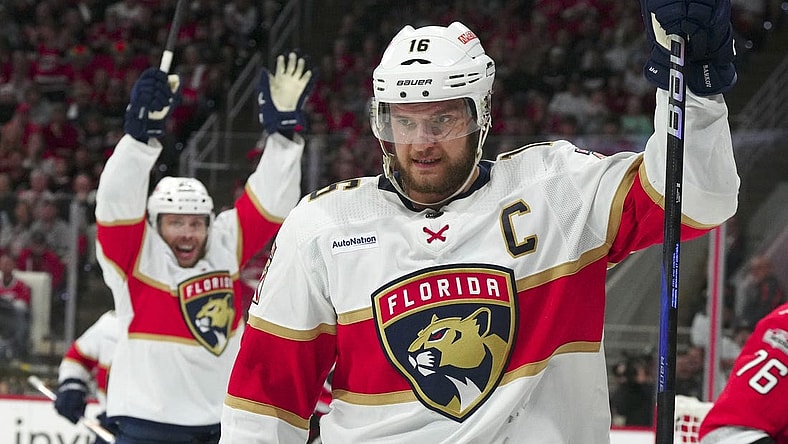 May 20, 2023; Raleigh, North Carolina, USA; Florida Panthers center Aleksander Barkov (16) celebrates his goal against Carolina Hurricanes goaltender Antti Raanta (32) in the second period of game two of the Eastern Conference Finals of the 2023 Stanley Cup Playoffs at PNC Arena. Mandatory Credit: James Guillory-USA TODAY Sports