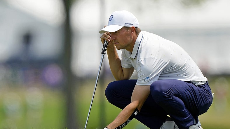 May 21, 2023; Rochester, New York, USA; Jordan Spieth lines up a putt on the ninth green during the final round of the PGA Championship golf tournament at Oak Hill Country Club. Mandatory Credit: Adam Cairns-USA TODAY Sports