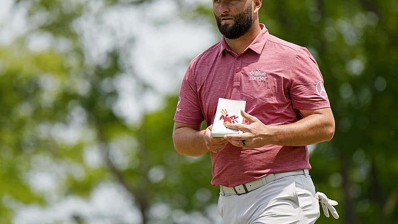 May 21, 2023; Rochester, New York, USA; Jon Rahm walks on the ninth hole during the final round of the PGA Championship golf tournament at Oak Hill Country Club. Mandatory Credit: Adam Cairns-USA TODAY Sports