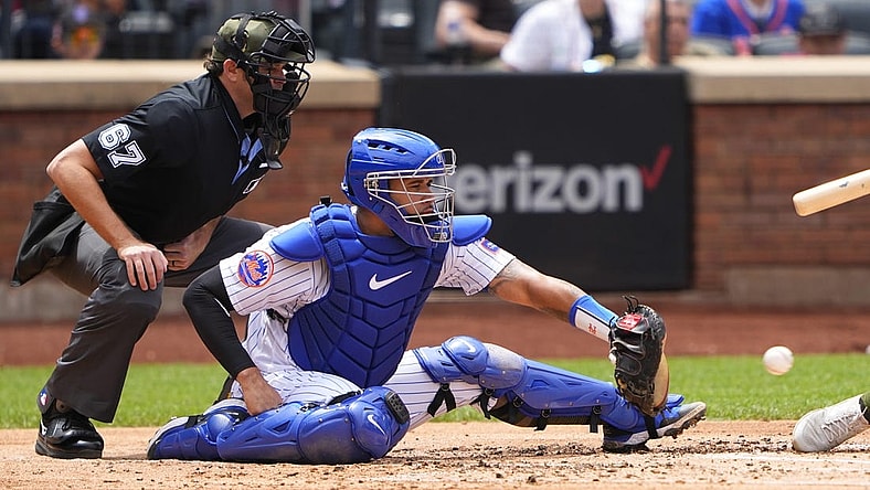 May 21, 2023; New York City, NY, USA; New York Mets catcher Gary Sanchez (33) catches a pitch against the Cleveland Guardians during the second inning Mandatory Credit: Gregory Fisher-USA TODAY Sports