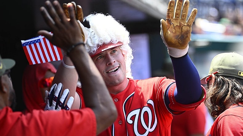 May 21, 2023; Washington, District of Columbia, USA; Washington Nationals catcher Riley Adams (15) is congratulated by teammates /after hitting a solo home run against the Detroit Tigers during the second inning at Nationals Park. Mandatory Credit: Brad Mills-USA TODAY Sports