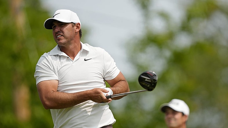 May 21, 2023; Rochester, New York, USA; Brooks Koepka tees off on the fourth hole during the final round of the PGA Championship golf tournament at Oak Hill Country Club. Mandatory Credit: Adam Cairns-USA TODAY Sports