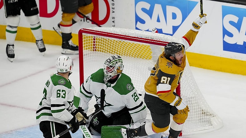 May 21, 2023; Las Vegas, Nevada, USA; Vegas Golden Knights right wing Jonathan Marchessault (81) celebrates after he scores the game tying goal against Dallas Stars goaltender Jake Oettinger (29) during the third period in game two of the Western Conference Finals of the 2023 Stanley Cup Playoffs at T-Mobile Arena. Mandatory Credit: Stephen R. Sylvanie-USA TODAY Sports