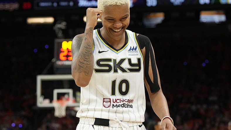 May 21, 2023; Phoenix, Arizona, USA; Chicago Sky forward Anneli Maley (10) reacts after defeating the Phoenix Mercury at Footprint Center. Mandatory Credit: Rick Scuteri-USA TODAY Sports