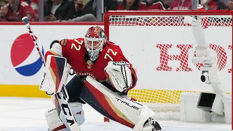 May 22, 2023; Sunrise, Florida, USA; Florida Panthers goaltender Sergei Bobrovsky (72) guards the net against the Carolina Hurricanes during the first period in game three of the Eastern Conference Finals of the 2023 Stanley Cup Playoffs at FLA Live Arena. Mandatory Credit: Jasen Vinlove-USA TODAY Sports