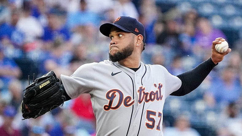 May 23, 2023; Kansas City, Missouri, USA; Detroit Tigers starting pitcher Eduardo Rodriguez (57) delivers a pitch against the Kansas City Royals in the first inning at Kauffman Stadium. Mandatory Credit: Denny Medley-USA TODAY Sports