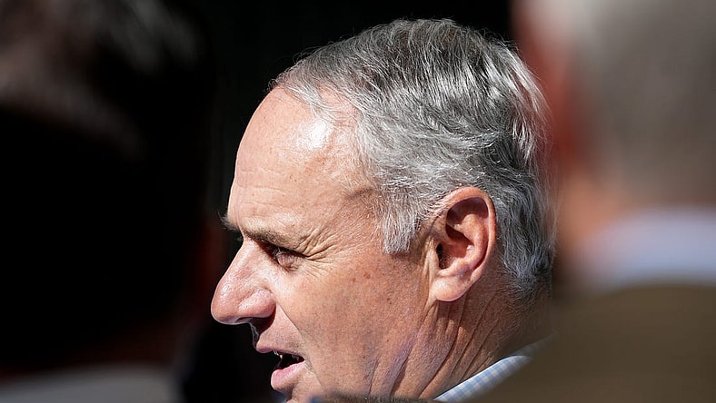 Major League Baseball commissioner Rob Manfred speaks to reporters before the Milwaukee Brewers game against the San Francisco Giants Thursday, May 25, 2023 at American Family Field in Milwaukee, Wis.