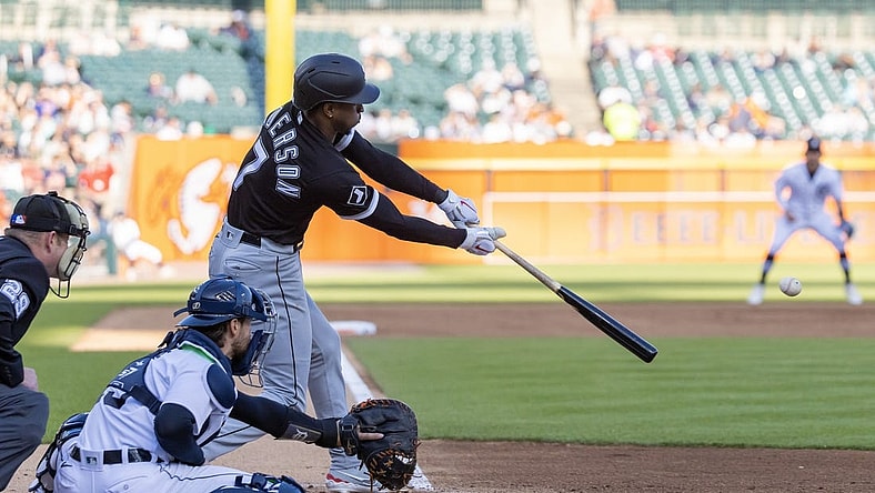 May 25, 2023; Detroit, Michigan, USA; Chicago White Sox shortstop Tim Anderson (7) hits an RBI single against the Detroit Tigers in the third inning at Comerica Park. Mandatory Credit: David Reginek-USA TODAY Sports