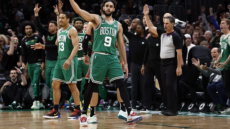 May 25, 2023; Boston, Massachusetts, USA; Boston Celtics guard Derrick White (9) reacts during the second quarter of game five against the Miami Heat in the Eastern Conference Finals for the 2023 NBA playoffs at TD Garden. Mandatory Credit: Winslow Townson-USA TODAY Sports