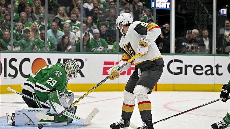 May 25, 2023; Dallas, Texas, USA; Dallas Stars goaltender Jake Oettinger (29) stops a breakaway shot by Vegas Golden Knights center Jack Eichel (9) during the second period in game four of the Western Conference Finals of the 2023 Stanley Cup Playoffs at American Airlines Center. Mandatory Credit: Jerome Miron-USA TODAY Sports