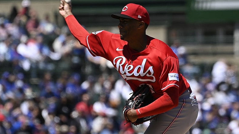 May 26, 2023; Chicago, Illinois, USA; Cincinnati Reds starting pitcher Hunter Greene (21) delivers against the Chicago Cubs during the first inning at Wrigley Field. Mandatory Credit: Matt Marton-USA TODAY Sports