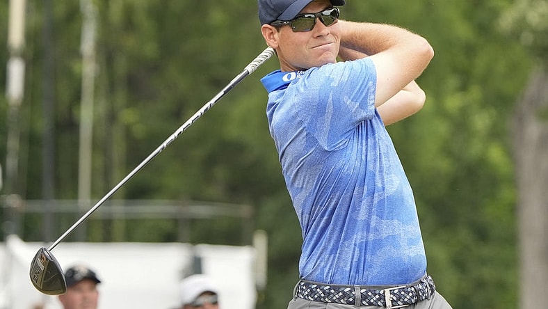 May 27, 2023; Fort Worth, Texas, USA; Adam Schenk plays his shot from the third tee during the third round of the Charles Schwab Challenge golf tournament. Mandatory Credit: Jim Cowsert-USA TODAY Sports